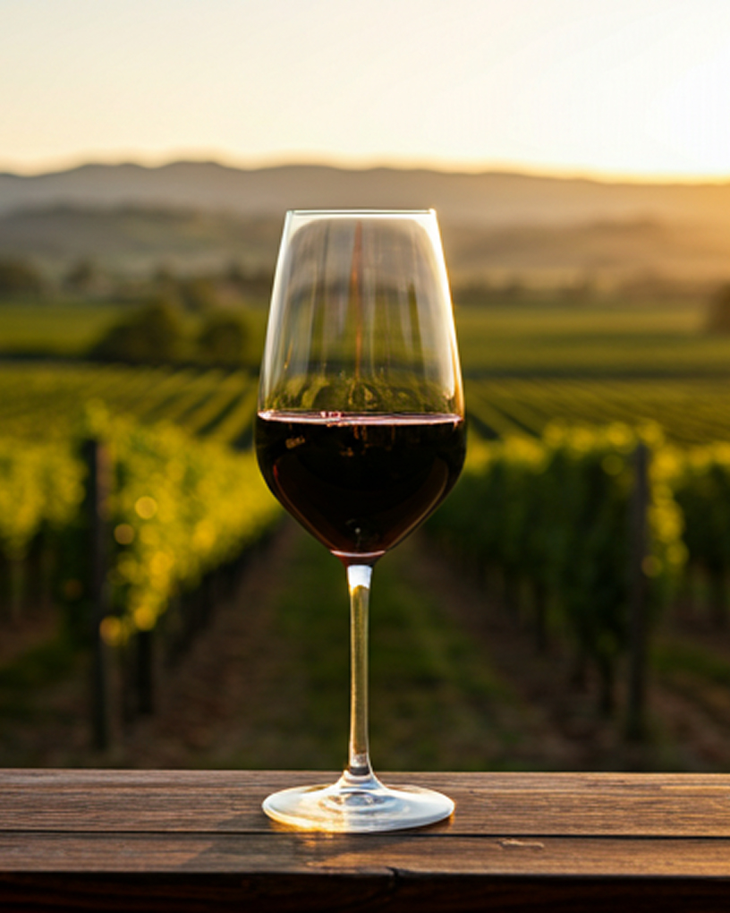 Copa de vino en viñedo al atardecer